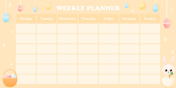 istock Pastel yellow weekly planer with cute bunny character and easter eggs, colourful childish timetable for school or diary 1370272483