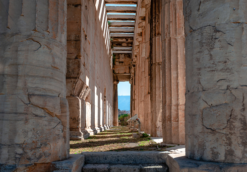 Detail of the Temple of Hephaestus or Hephaisteion aka The Theseion or Theseum, a doric, well preserved ancient temple in Ancient Agora, Athens, Greece.