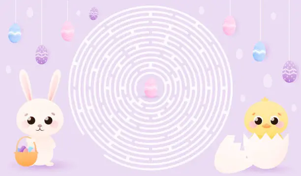 Vector illustration of Childish round maze with easter bunny and chick, spring holiday theme for kids riddle, school worksheet