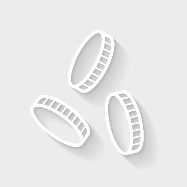 Coins falling. Icon with long shadow on blank background - Flat Design White icon of "Coins falling" in a flat design style isolated on a gray background and with a long shadow effect. Vector Illustration (EPS10, well layered and grouped). Easy to edit, manipulate, resize or colorize. Vector and Jpeg file of different sizes. coin outline stock illustrations