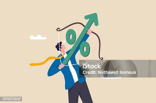 istock Interest rate hike due to inflation percentage rising up, FED, federal reserve or central bank monetary policy, economics or loan concept, businessman archery percentage arrow high up into the sky. 1370273547