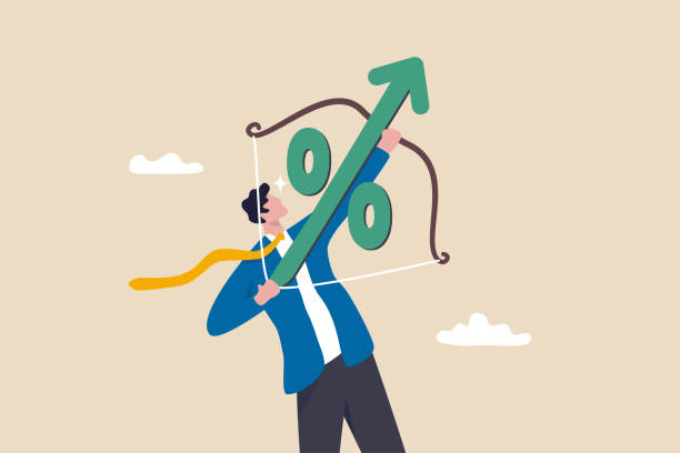 Interest rate hike due to inflation percentage rising up, FED, federal reserve or central bank monetary policy, economics or loan concept, businessman archery percentage arrow high up into the sky. vector art illustration