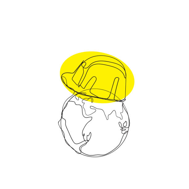 ilustrações de stock, clip art, desenhos animados e ícones de continuous line drawing earth globe with yellow helmet illustration icon - globe occupation working world map