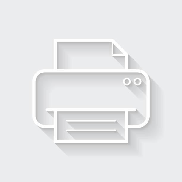 ilustrações de stock, clip art, desenhos animados e ícones de printer. icon with long shadow on blank background - flat design - print computer printer printout push button