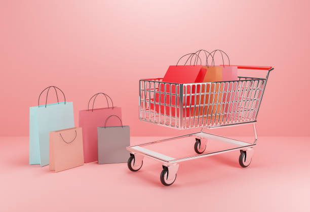 istock 3d illustration. Shopping bags and boxes on carts 1370275807