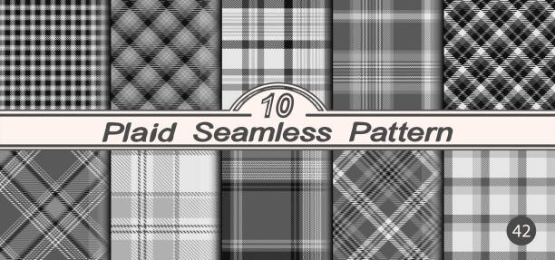Set seamless black and white plaid pattern background. Set seamless black and white plaid pattern background. Straight and oblique scottish cage textured. Vector graphics of printing on fabric, shirt, textile, curtain and tablecloth. tsp stock illustrations