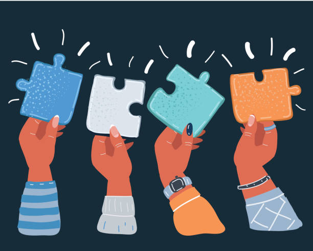 istock Vector illustration of people collaborate four piece jigsaw puzzle hold in hands on dark backround. 1370276188