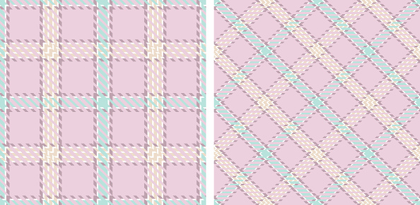 Plaid seamless vector set patterns. Pink, blue, yellow, white background checkered. Tartan cage fashion textured. Printing on fabric, shirt, textile, curtain and tablecloth.