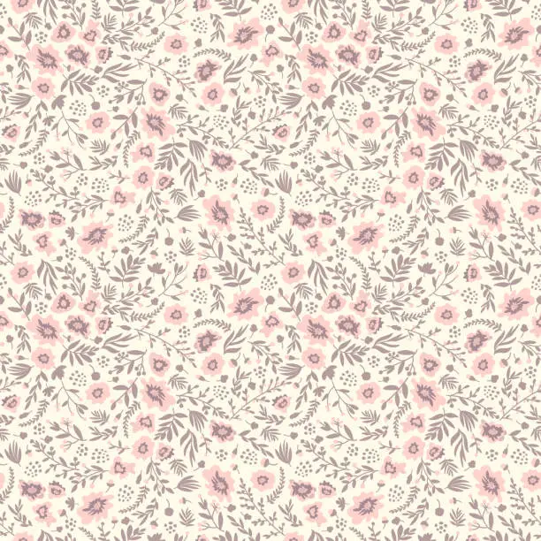 Vector illustration of Seamless floral pattern in pink, grayish purple and cream