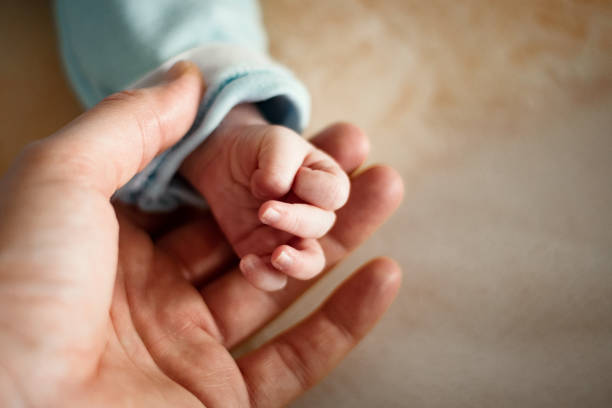 father and baby son holding hands - newborn human hand baby father imagens e fotografias de stock