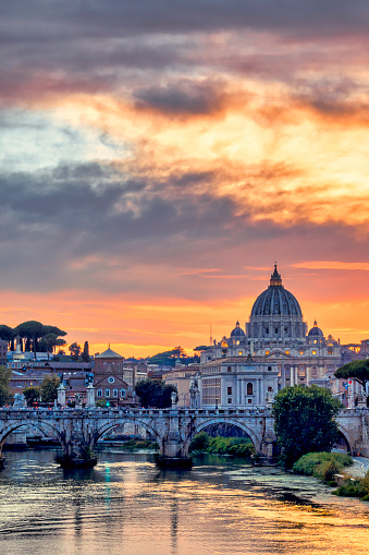 View from the Tiber on Ponte Sant'Angelo and Saint Peter's Basilica, Rome, Italy