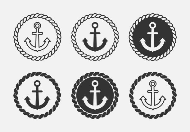 Anchor and rope circle logo set. Nautical theme symbol group. Sailing and sea vintage design elements. Marine emblem or badge. Round rope with anchor in the middle. Vector illustration, flat, clip art marine life logo stock illustrations