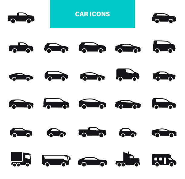 illustrations, cliparts, dessins animés et icônes de icônes noires de voiture. objets modèles, automobile, transport, voiture électrique - taper à la machine