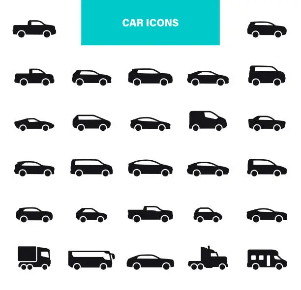 Vector illustration of Car Black Icons. Model Objects, Automobile, Transportation, Electric Car