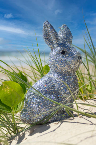istock Silver sparkly glitter Easter Bunny at the beach.  Sitting on the sand surrounded with green grass.  Blue ocean and sky in the background. Gold Coast Queensland Australia 1370278358
