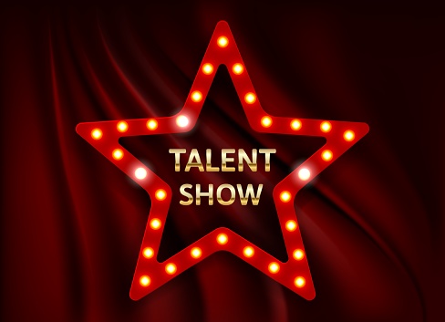 Golden talent show text in the star over red curtain. Event invitation poster. Festival performance banner. Shiny glowing gold advertising inscription. Vector illustration