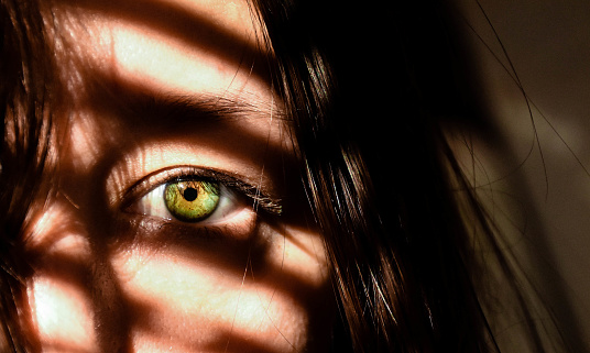 Green-eyed girl looking at the camera. Shadow lines are cast across her face.