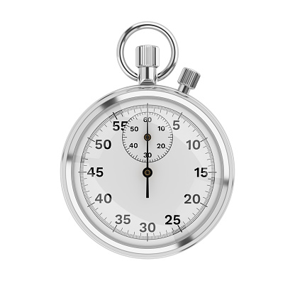 Classic metallic silver mechanical analog stopwatch isolated on white background. 3d rendering illustration.