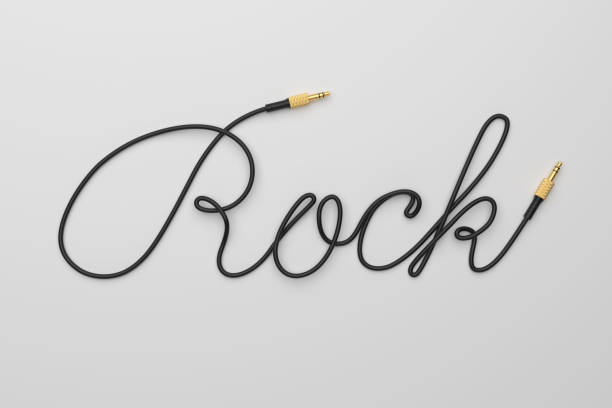 Cable with 3.5 mm mini jack audio connector Rock word shaped on gray background. Music genre concept. 3d rendering illustration.