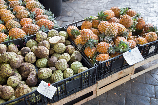 Munich, Germany - May 20, 2022: Exotic fruits on Munich market