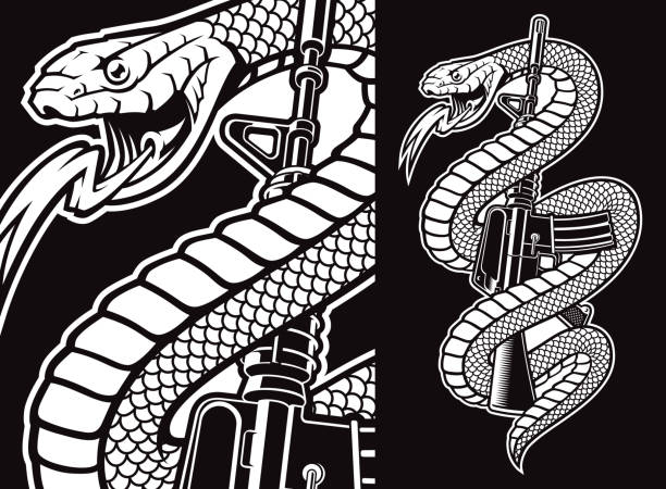 ilustraciones, imágenes clip art, dibujos animados e iconos de stock de serpiente con un rifle m16 - viper