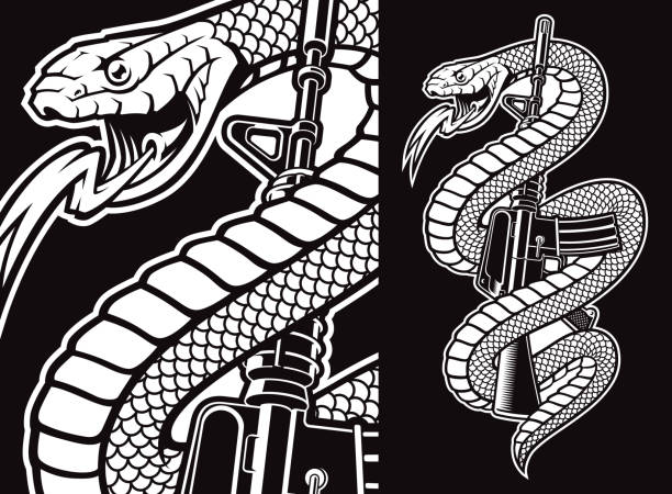 ilustrações, clipart, desenhos animados e ícones de cobra com um rifle m16 - víbora