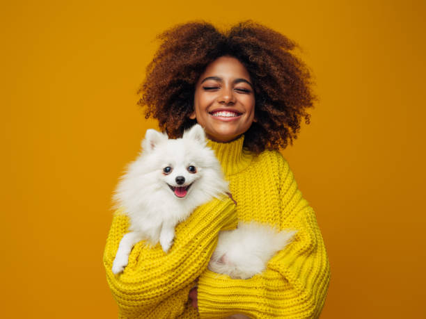 어린 개를 들고 미소 짓는 젊은 아프리카 계 미국인 소녀의 스튜디오 초상화 - dog head shot 뉴스 사진 이미지