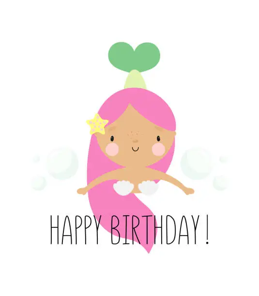 Vector illustration of Birthday Party, Greeting Card, Party Invitation. Kids illustration with Cute Mermaid. Vector illustration in cartoon style.