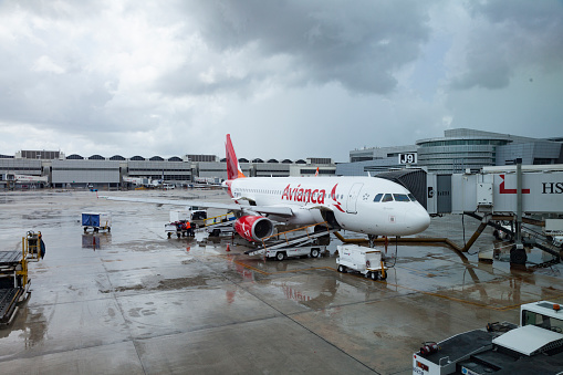 Miami, USA - August 31, 2014:  AVIANCA aircraft ready for boarding at Miami international airport. Miami airport is the 7th biggest airport in the USA.