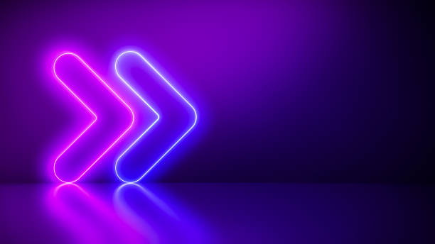 neon arrow abstract blue and pink with light shapes on colorful background and reflective floor. - ringside imagens e fotografias de stock