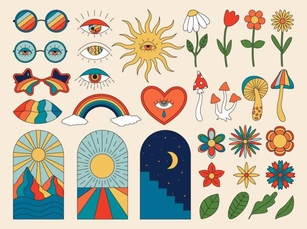 Vector set of 70s psychedelic clipart Vector set of 70s psychedelic clipart. Retro groovy graphic elements of sunglasses, mushrooms, flowers, eyes, lips, windows. Cartoon hippy stickers. Vintage boho illustrations 1970s style stock illustrations