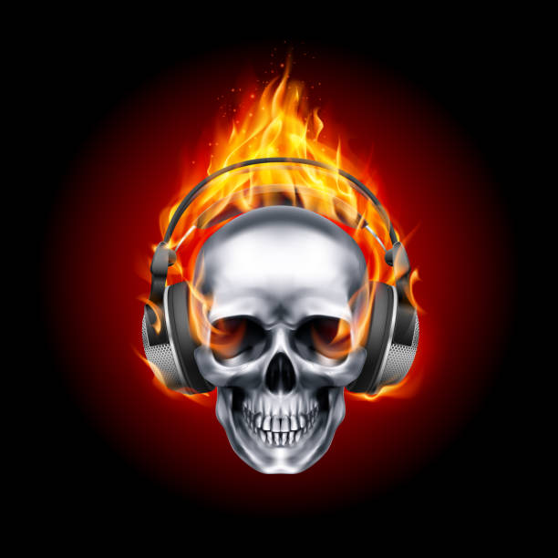 Flaming Skull Flaming Skull Music with Headphone or Human Skull Listening to Music Earphone Decorated at Halloween Party on Fire demon fictional character stock illustrations