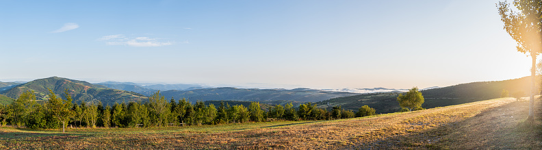 Panoramic view of the mountains of Lugo in Galicia at sunset, Spain