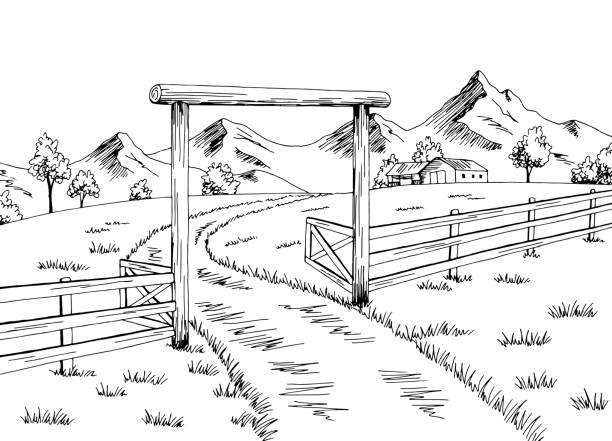 illustrazioni stock, clip art, cartoni animati e icone di tendenza di farm cancello grafico bianco bianco disegno paesaggio illustrazione vettoriale - farm gate