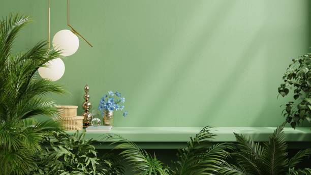 istock Interior wall mockup with green plant,Green wall and shelf. 1370290698