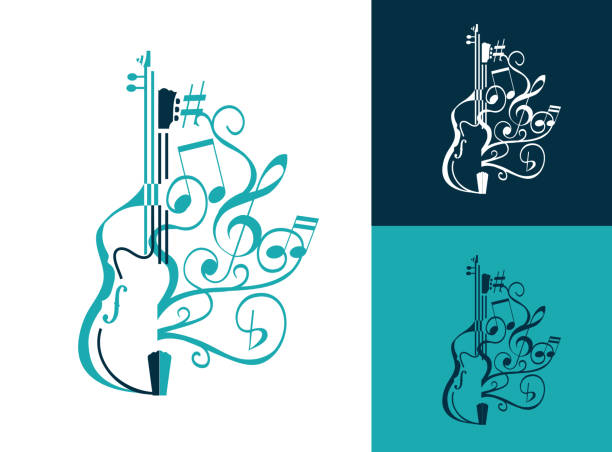 abstract musical sign with double bass, guitar lines, swirls and notes, g clef. vector abstract musical sign with double bass, guitar lines, swirls and notes, g clef. vector musical instrument string stock illustrations