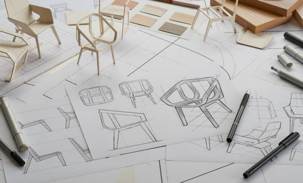 istock Designer sketching drawing design development product plan draft chair armchair Wingback Interior furniture prototype manufacturing production. designer studio concept . 1370292524
