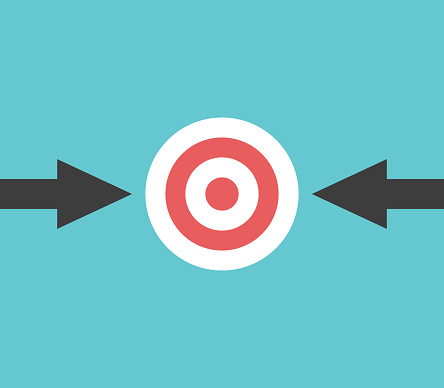 One target, two arrows. Alternative strategy, competition, focus, concentration, option and different approach concept. Flat design. EPS 8 vector illustration, no transparency, no gradients