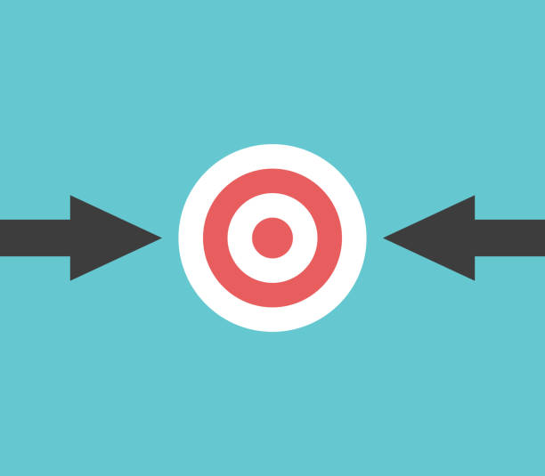 One target, two arrows One target, two arrows. Alternative strategy, competition, focus, concentration, option and different approach concept. Flat design. EPS 8 vector illustration, no transparency, no gradients approaching stock illustrations