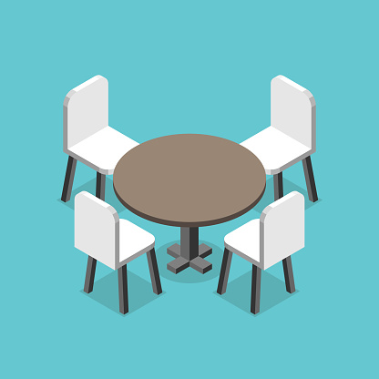 Isometric round table, chairs