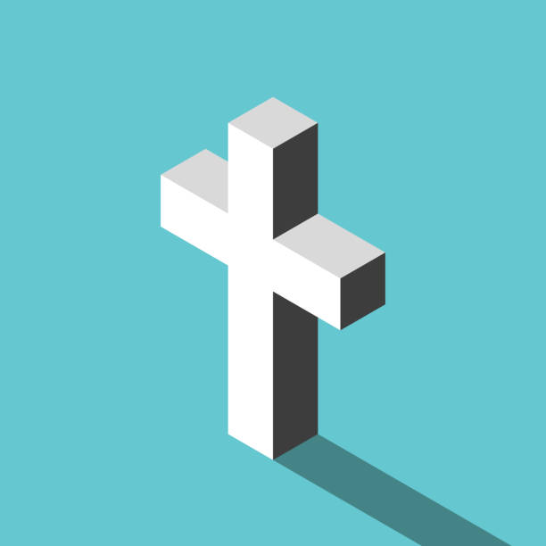 Isometric Christian cross, flat Isometric Christian cross, white on turquoise blue. Christianity, religion, spirituality and church concept. Flat design. EPS 8 vector illustration, no transparency, no gradients cross shape cross religion christianity stock illustrations