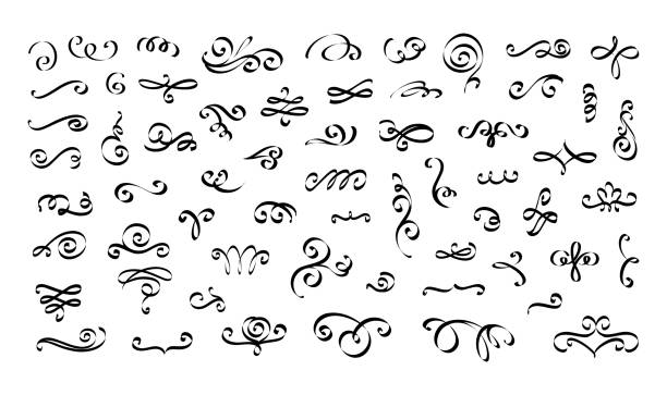 Flourish ornament elements. Calligraphy decorative fancy swirl drawing. Typography curve swash lines and spirals. Elegant dividers and vignettes. Vector isolated embellish sketches set Flourish ornament elements. Calligraphy decorative fancy swirl drawing. Typography curve swash lines and filigree spirals. Elegant dividers and vignettes. Vector isolated ink embellish sketches set embellishment stock illustrations