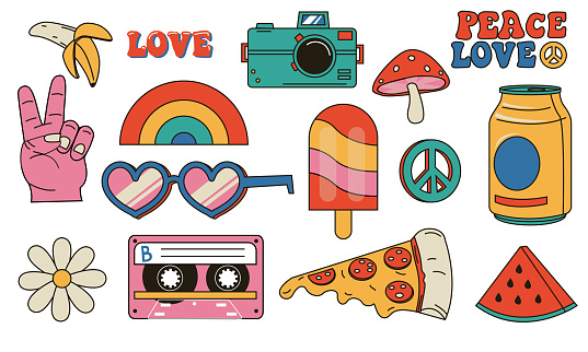 Hippie retro stickers. Cartoon funny psychedelic vintage clip art. Smiley face. Flower and mushroom. Peace symbol. Rainbow and pizza piece. Heart shaped sunglasses. Vector hippy isolated elements set