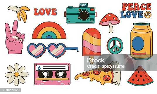 istock Hippie retro stickers. Cartoon psychedelic vintage clip art. Smiley face. Flower and mushroom. Peace symbol. Rainbow and pizza piece. Heart shaped sunglasses. Vector hippy elements set 1370294120
