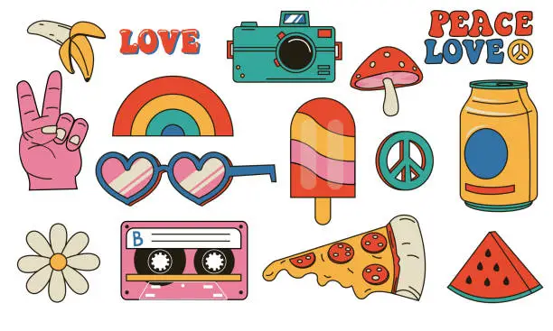 Vector illustration of Hippie retro stickers. Cartoon psychedelic vintage clip art. Smiley face. Flower and mushroom. Peace symbol. Rainbow and pizza piece. Heart shaped sunglasses. Vector hippy elements set