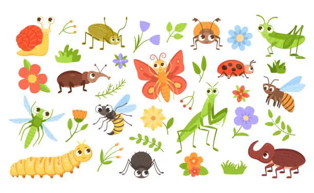 Vector illustration of Cartoon bugs and plants. Insect characters with happy faces and colorful flowers. Caterpillar and snail mascots. Buzzing bee. Beetle or hornet. Blossoms with leaves. Vector animals set