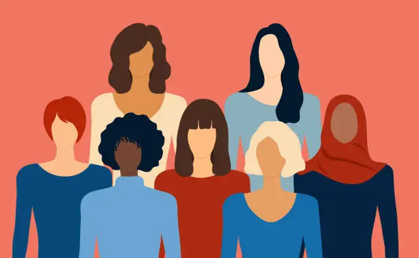 Vector illustration of Happy International Women's Day Concept With Different Nationalities And Ethnicities Of Women Stand Together. Freedom, Gender Equality And Female Empowerment.