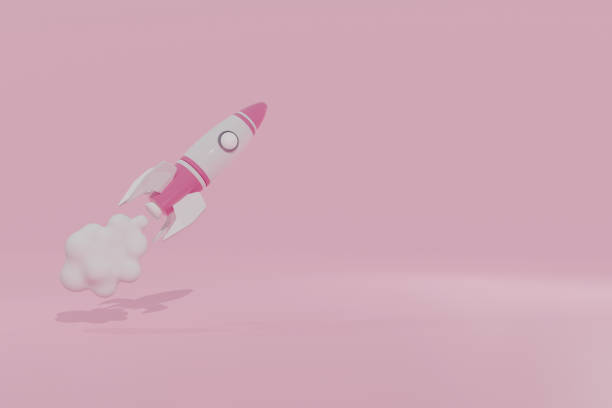 istock Shiny pink and white rocket soars against pink background. 3d rendering. 1370296948