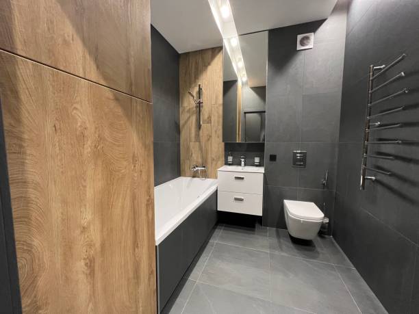 istock interior of black and wooden bathroom 1370300521