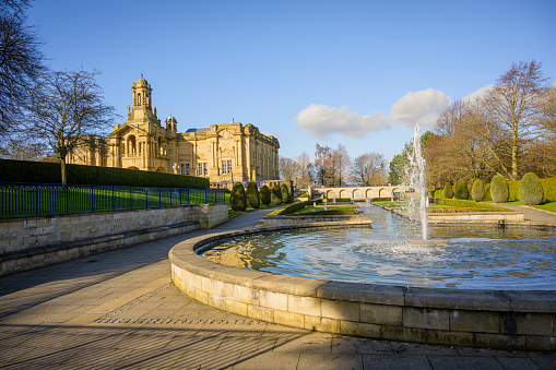 Cartwright Hall in Lister park, Bradford, Yorkshire viewed from the Mughal water gardens.